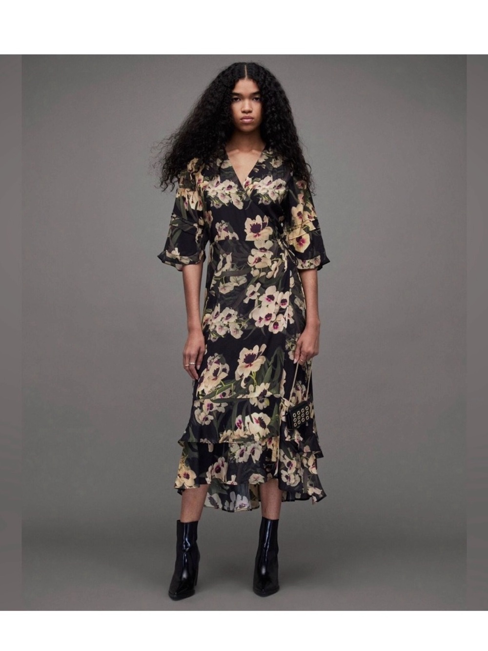 All Saints Black Floral Wrap Midi Dress Delana Francoise Sz 4 (s/m)